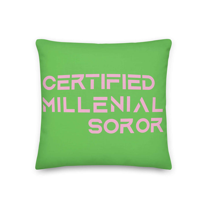 Green pillow with "Certified Millennial Soror" text, perfect Greek gear for sorority pride and style.