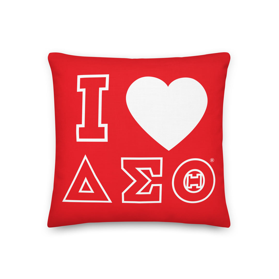 Delta Sigma Theta "I love" pillow in crimson with white Greek letters, perfect sorority paraphernalia for warmth and color in your space