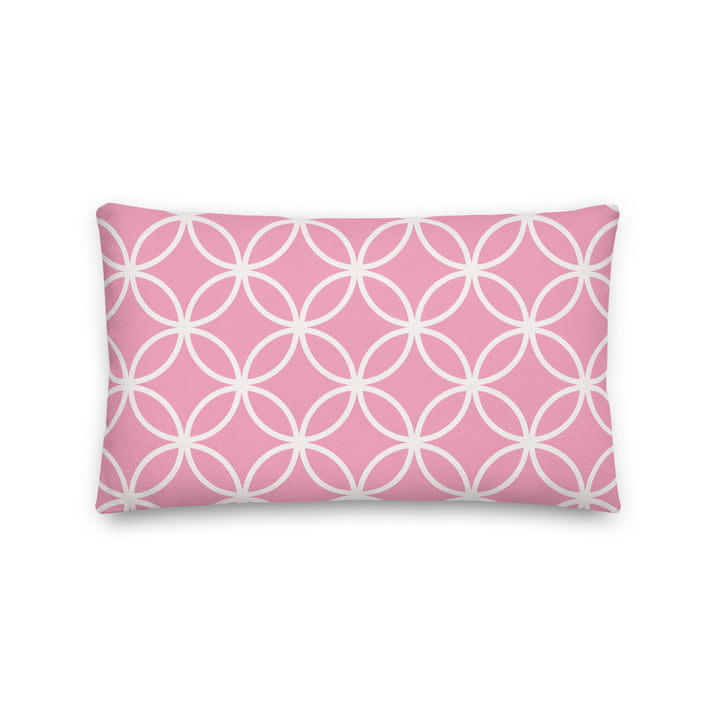 Modern pink geometric pillow featuring overlapping circles, ideal for sorority paraphernalia and Greek gear.