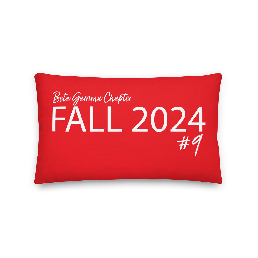 Red sorority pillow with Beta Gamma Chapter Fall 2024 #9 text in white.