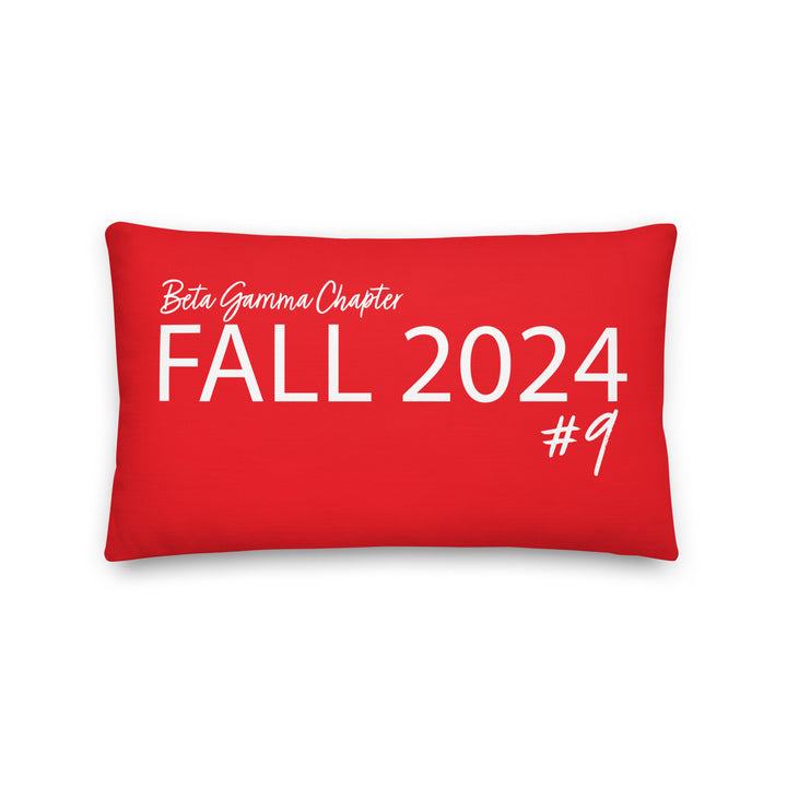 Red sorority pillow with Beta Gamma Chapter Fall 2024 #9 text in white.