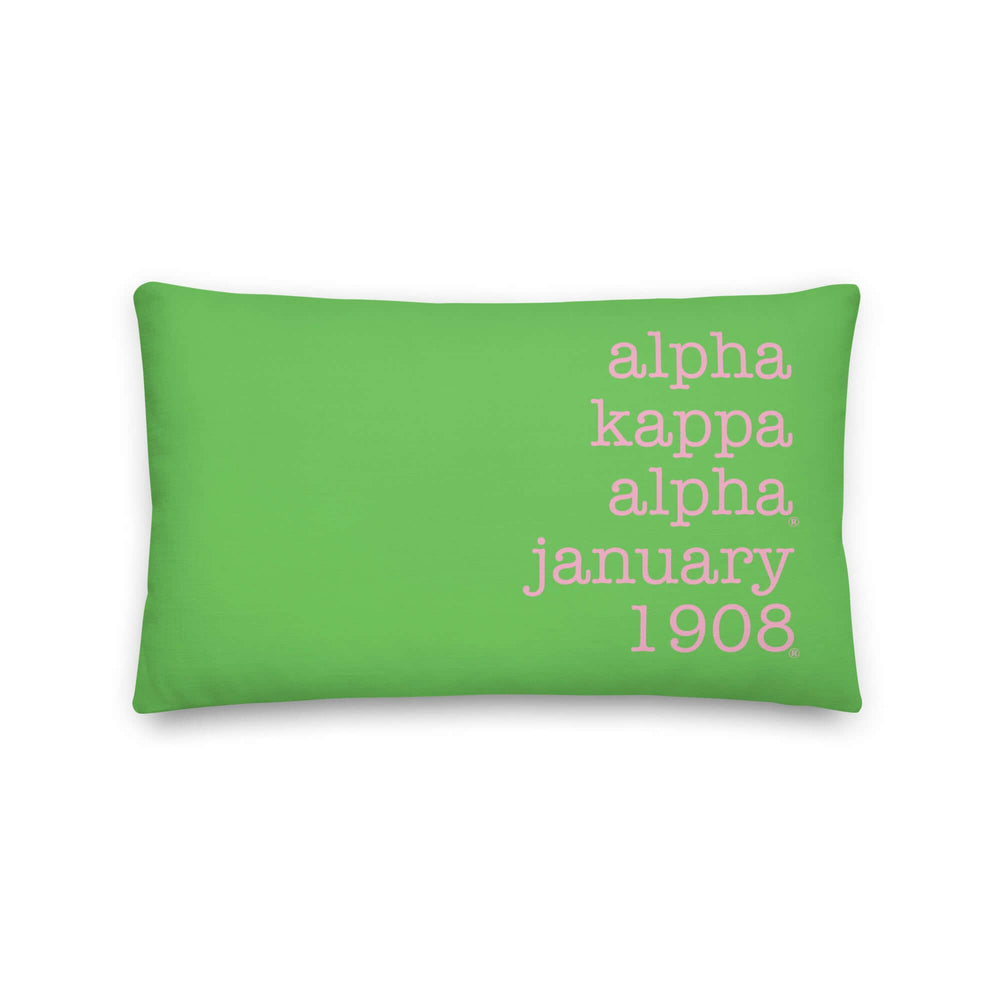 AKA 1908 pillow showcasing sorority pride in green and pink, perfect Greek gear for home or office décor.