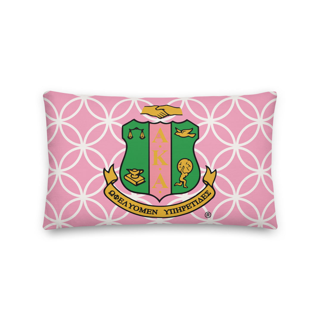 Pink Circles geometric pillow featuring Alpha Kappa Alpha sorority crest, perfect for Greek gear enthusiasts.