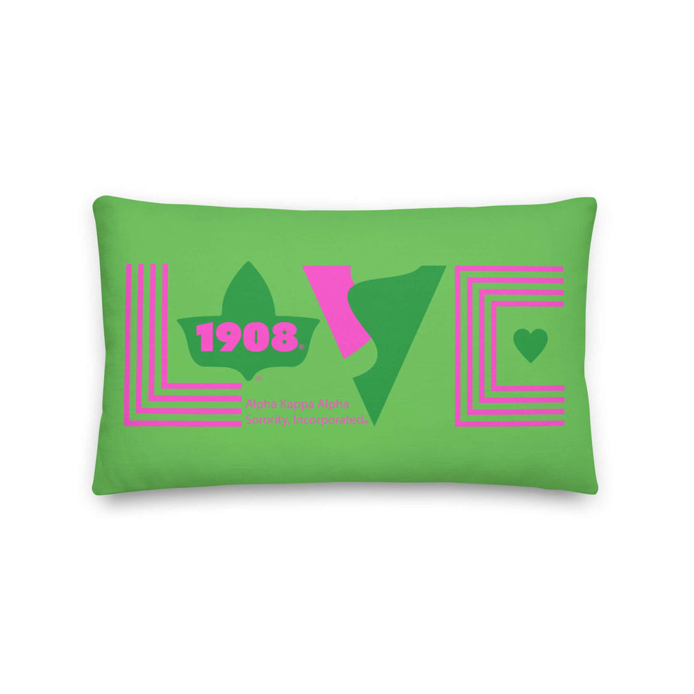 Vibrant green pillow featuring "LOVE" and 1908 design, perfect for sorority and fraternity Greek gear enthusiasts.