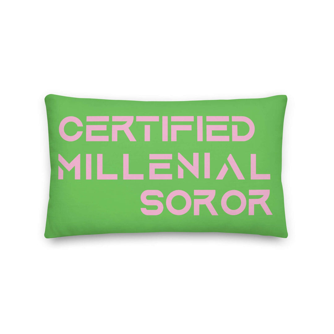 Certified Millennial Soror Pillow in vibrant green, a stylish piece of sorority paraphernalia for sorors and Greek gear enthusiasts.