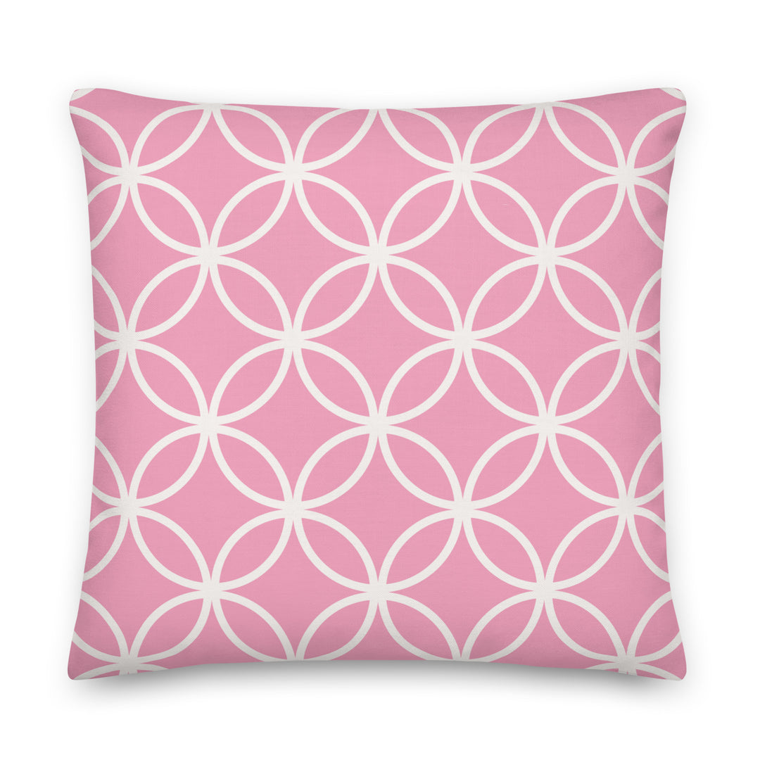 Modern pink geometric pillow with circles, ideal sorority paraphernalia for Alpha Kappa Alpha members.