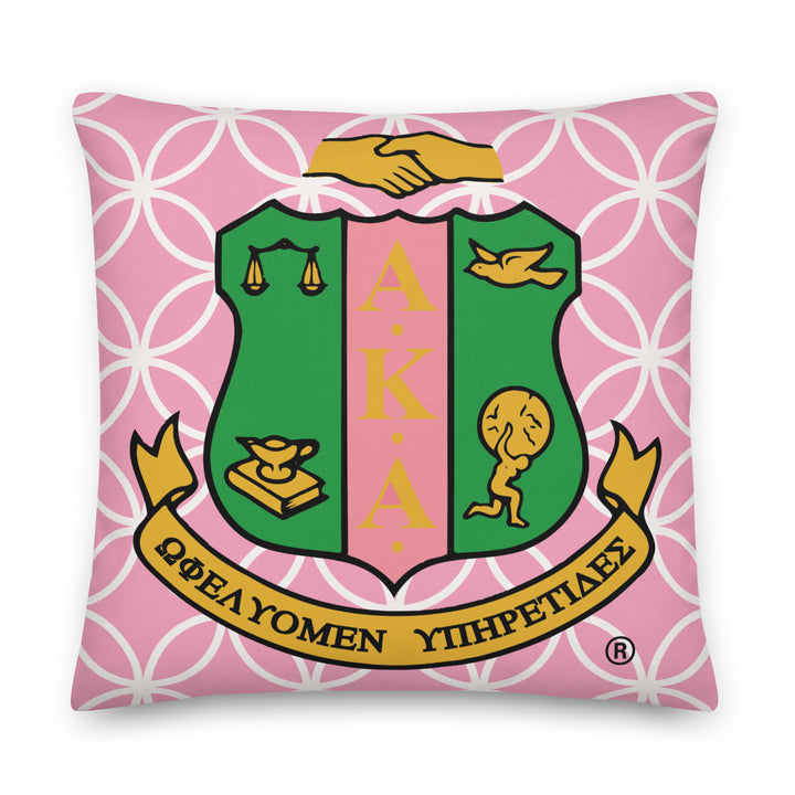 Pink geometric pillow featuring Alpha Kappa Alpha crest, perfect sorority paraphernalia for Greek gear enthusiasts.