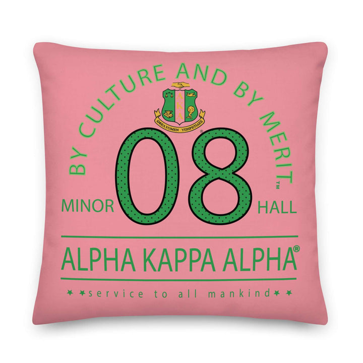 AKA Minor Hall green typography pillow featuring sorority pride and elegant design, perfect for Greek gear and home décor.