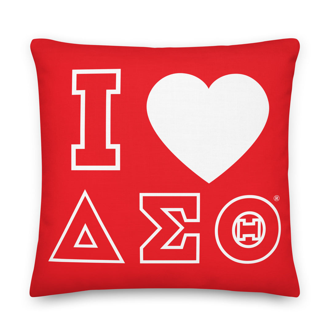 Delta Sigma Theta "I Love" red pillow, sorority paraphernalia for black Greek letter organization, crimson and cream decor, bglo gift.