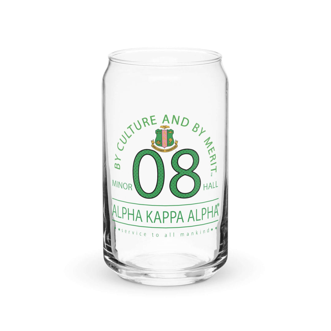 Clear AKA can glass featuring green design, ideal for sorority and fraternity paraphernalia, 16 oz capacity.