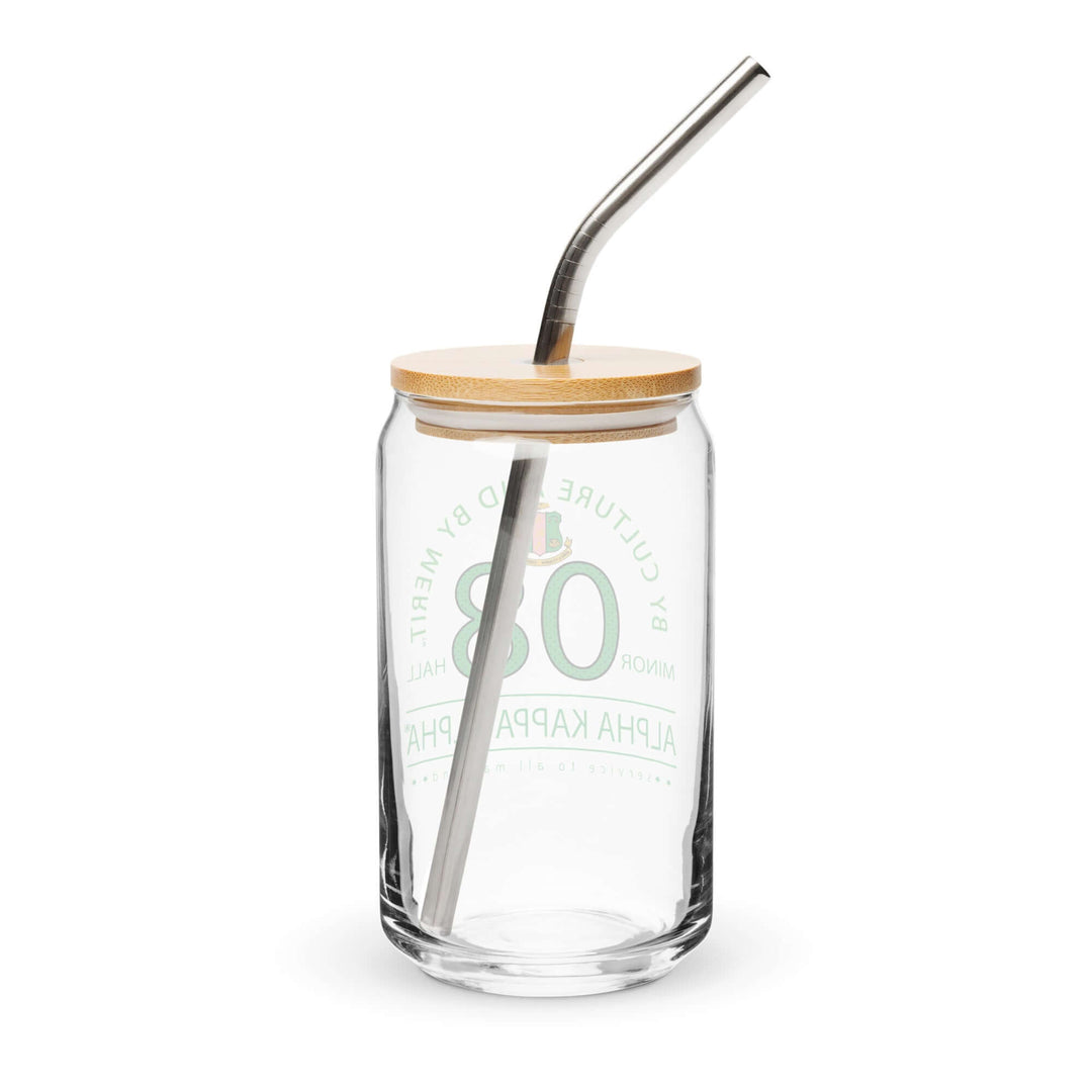 AKA Can Glass with stainless steel straw and bamboo lid, perfect for sorority and fraternity beverages.