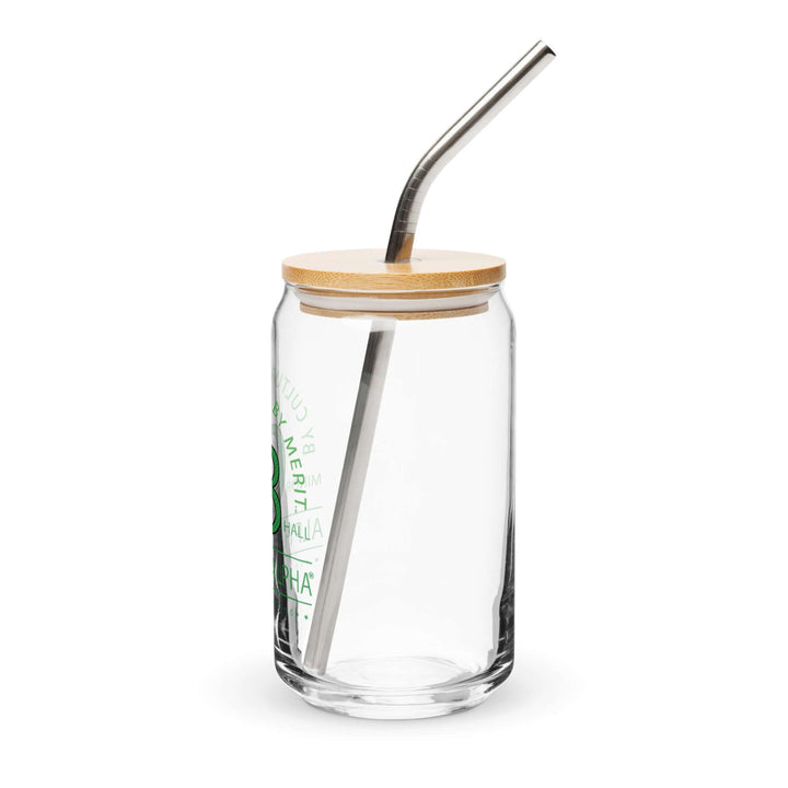 AKA Can Glass with stainless steel straw and bamboo lid, perfect for sorority and fraternity drinks. Ideal for all occasions.