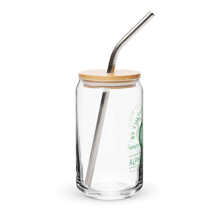 Transparent AKA can glass with bamboo lid and stainless steel straw, perfect for sorority and fraternity beverages.