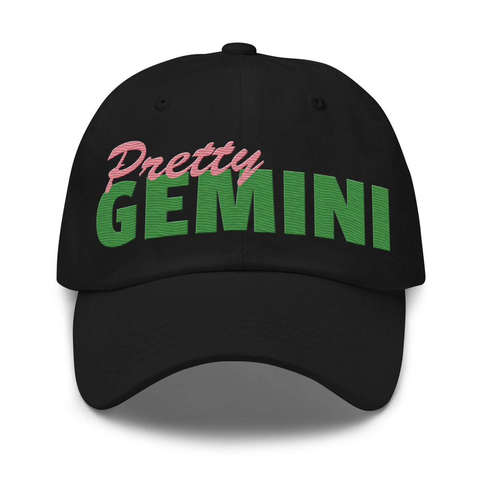 Pretty Gemini hat in black with colorful embroidered text, perfect sorority and fraternity gear for zodiac lovers.