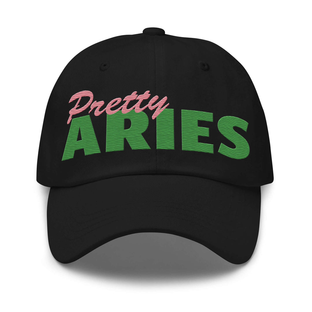 Black Pretty Aries hat with vibrant pink and green embroidery, perfect for sorority and fraternity Greek gear.