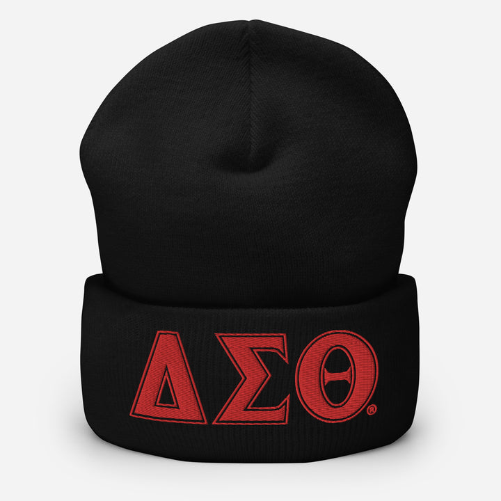 Delta Sigma Theta classic black beanie with red embroidered letters, perfect sorority paraphernalia and Greek gear.