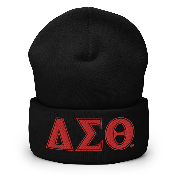 Delta Sigma Theta Classic Beanie in black with red logo, perfect Greek gear for sorority and fraternity members.