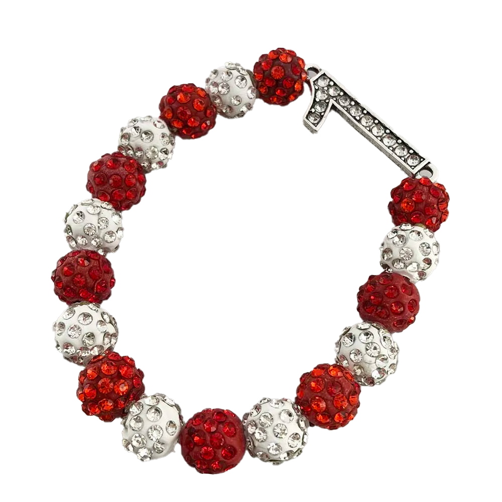 Delta Sigma Theta number rhinestone bracelet in crimson and cream, perfect for sorority paraphernalia and black Greek-lettered organization members.