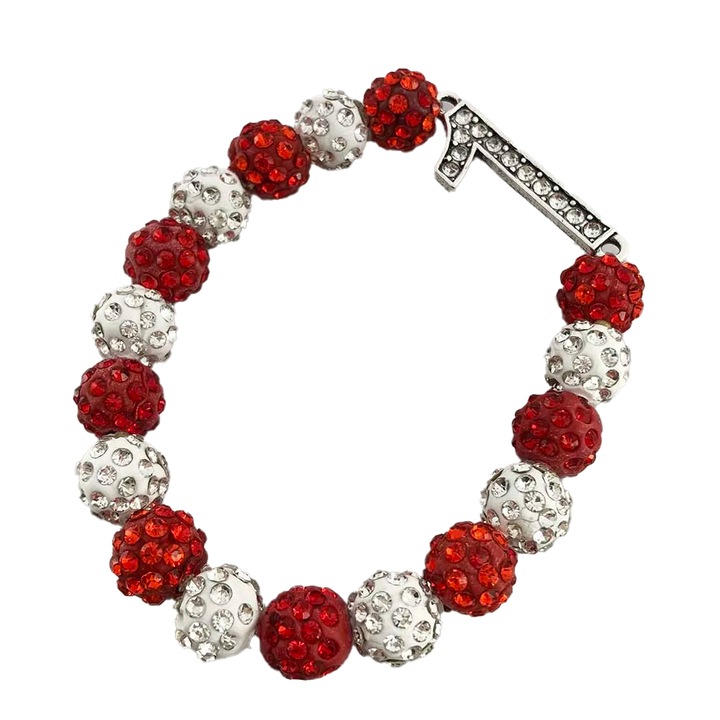 Delta Sigma Theta number rhinestone bracelet in crimson and cream, perfect for sorority paraphernalia and black Greek-lettered organization members.