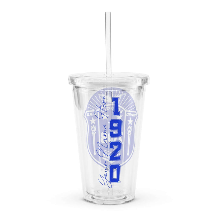 Zeta Phi Beta personalized crest and year clear plastic tumbler with lid and straw, ideal sorority paraphernalia for reusability.