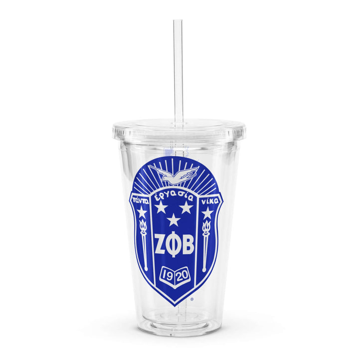 Zeta Phi Beta personalized clear plastic tumbler with blue crest and straw, sorority drinkware for cool refreshments.