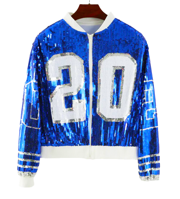 Zeta Phi Beta 20 Sequin Jacket in royal blue and white for sorority paraphernalia, fits women sizes Small to Large, stylish fall apparel.