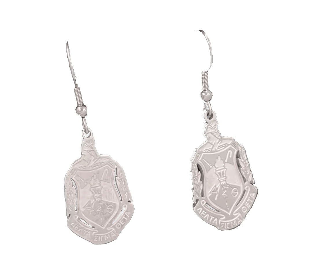 Delta Silver Shield Earrings for sorority and fraternity paraphernalia, perfect Greek gear accessory for proud members.