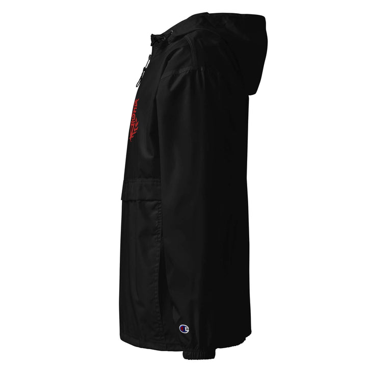 Delta Sigma Theta embroidered packable jacket by Champion, featuring the Torch of Wisdom. Black, wind and rain-resistant, ideal sorority apparel.