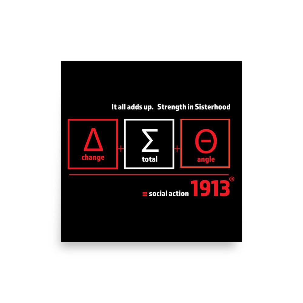 Delta Sigma Theta poster highlighting sisterhood, unity, and social action with a mathematical theme. Perfect for sorority decor.