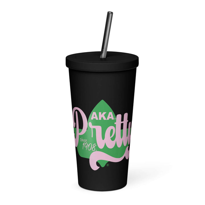 Insulated AKA Pretty tumbler with straw, stylish black design for sorority and fraternity greek gear, perfect drinkware upgrade.