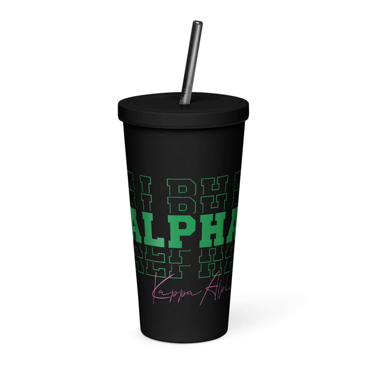 AKA Echo Series insulated tumbler in black with green lettering and straw, perfect for sorority and fraternity gear.