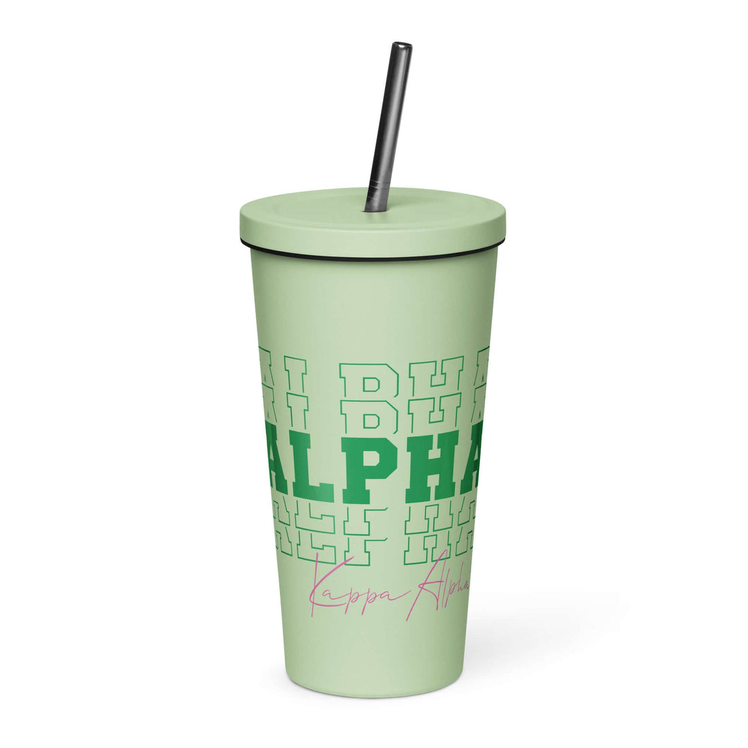 Insulated sorority tumbler in green with straw and lid, featuring "ALPHA" text, perfect for Greek gear and drinkware style.