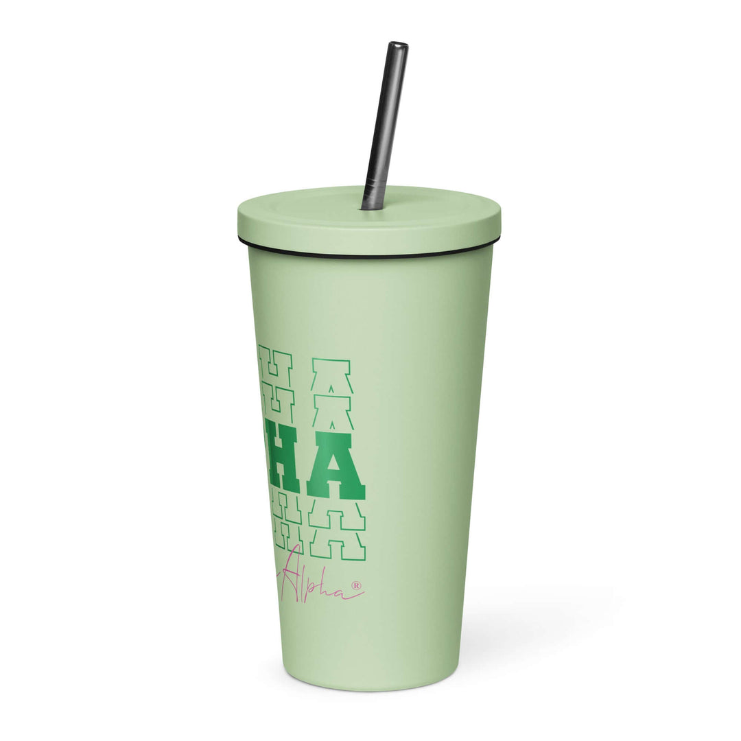 AHA Echo Series green insulated tumbler with straw, perfect for sorority and fraternity paraphernalia.