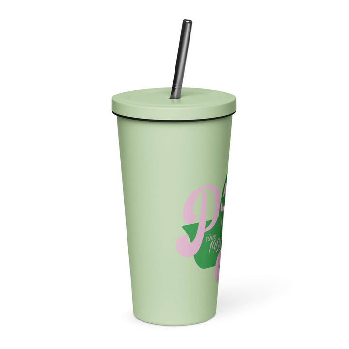 Stylish insulated tumbler with straw in pastel green, perfect for sorority and fraternity gear. Ideal for daily hydration.