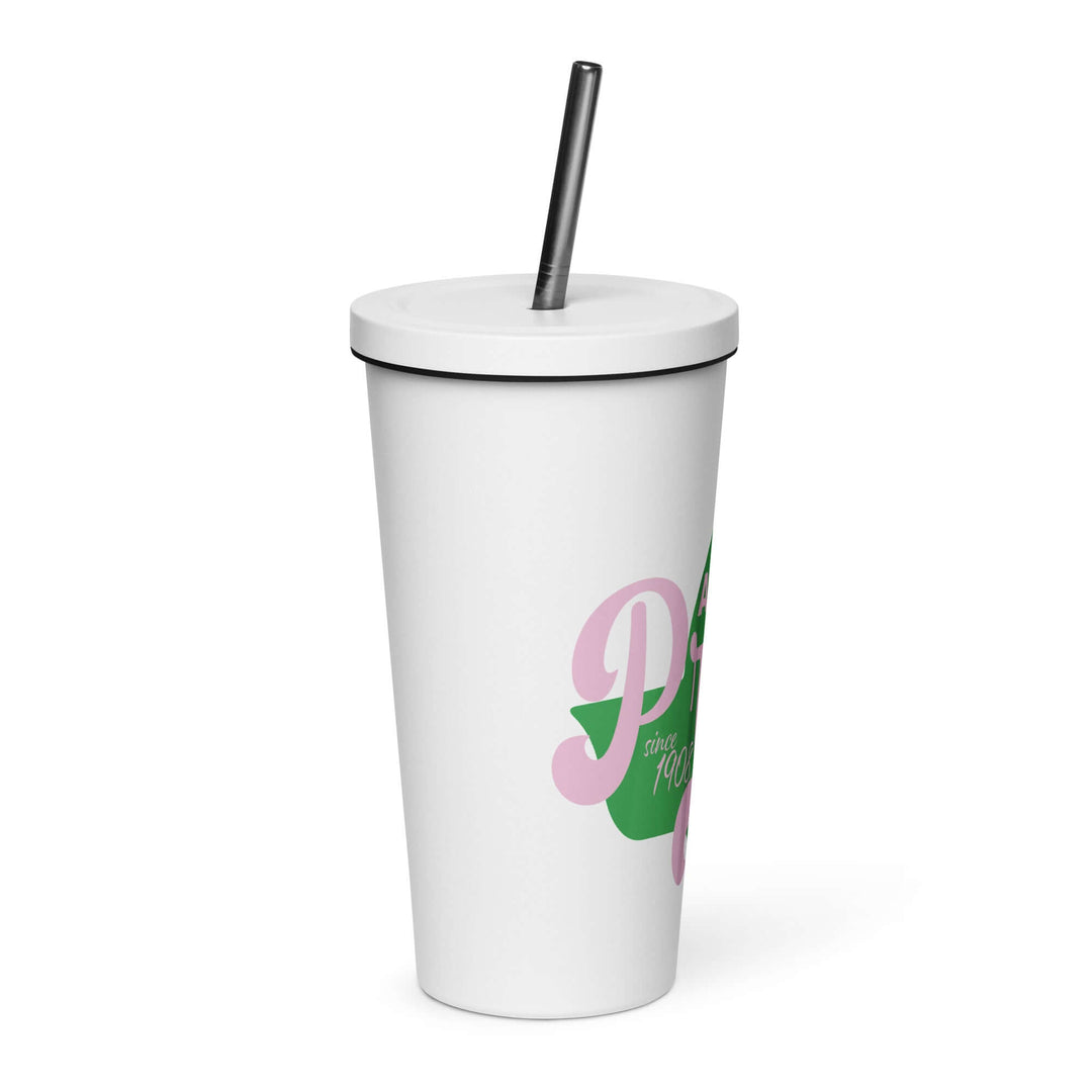 AKA Pretty insulated tumbler with straw, perfect for sorority and fraternity paraphernalia, stylish drinkware.