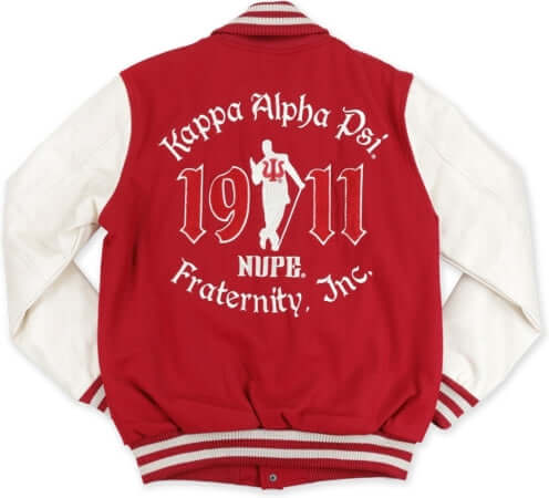 Kappa Alpha Psi wool letterman jacket featuring sorority and fraternity colors, ideal greek gear paraphernalia for members.