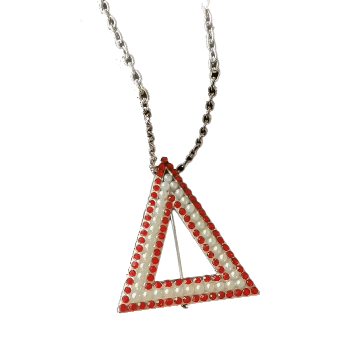 Delta Jewelry necklace with red and white triangle pendant, perfect for sorority and fraternity gear.