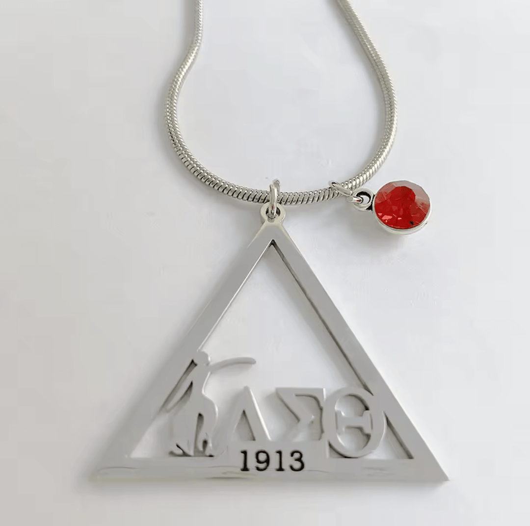 Delta Red Crystal Necklace featuring a silver Greek letter design, perfect for sorority and fraternity paraphernalia.