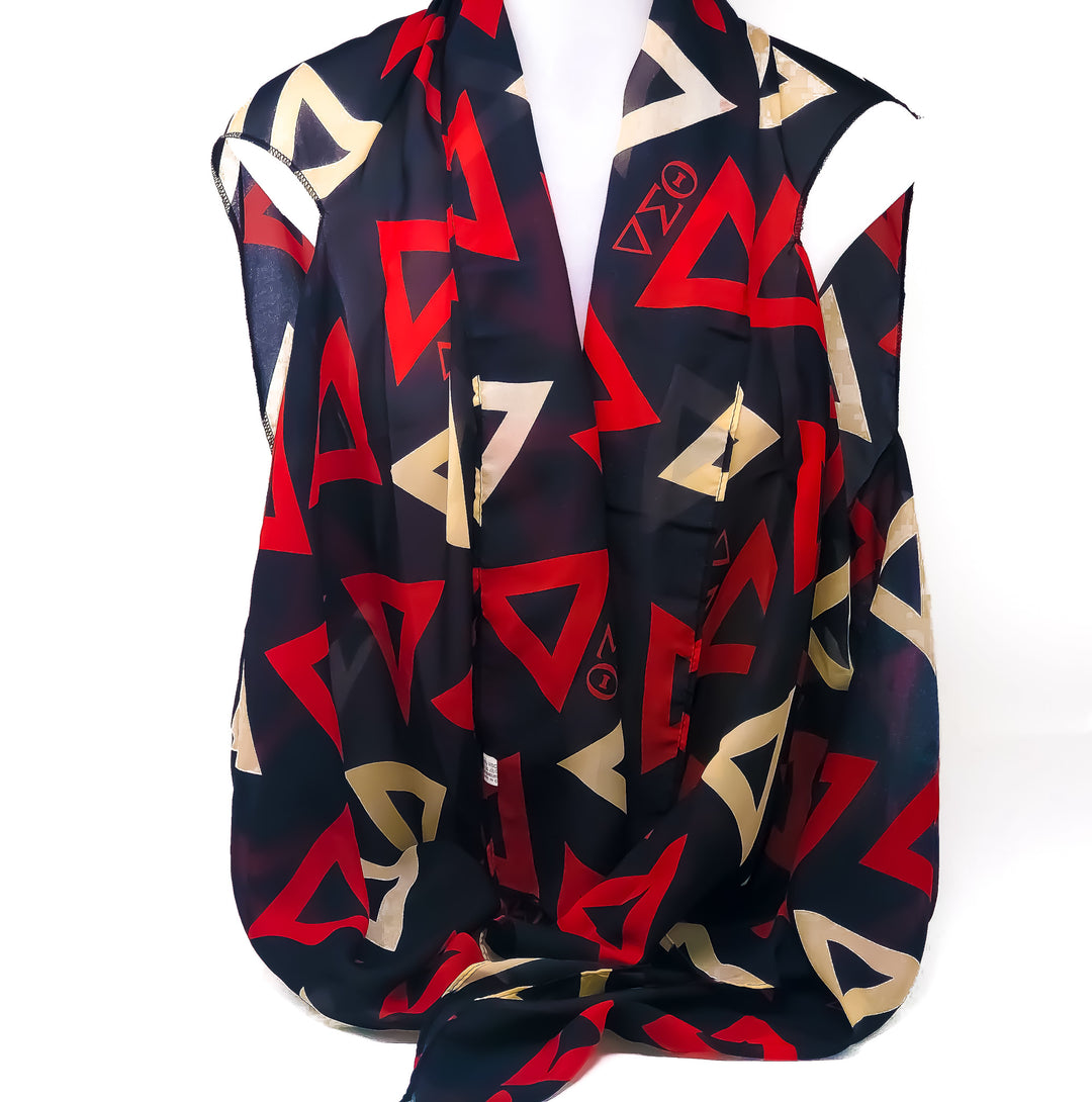 Delta Scarf - Transforming scarf in black with red and gold patterns, perfect for sorority and fraternity greek gear.