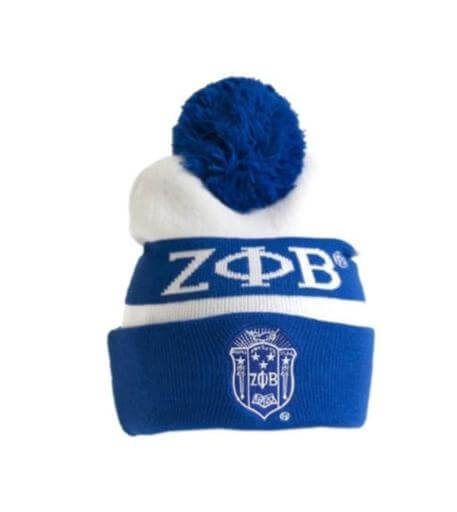 Zeta Phi Beta knit beanie with pom pom, stylish sorority winter hat for cozy warmth and Greek gear fashion.