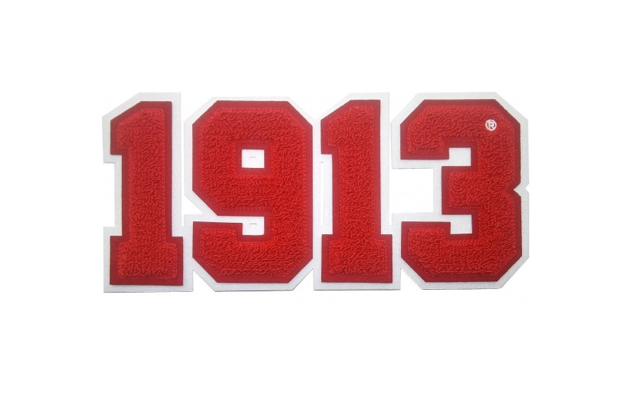 Red chenille patch featuring the year "1913," perfect for sorority and fraternity greek gear and paraphernalia.