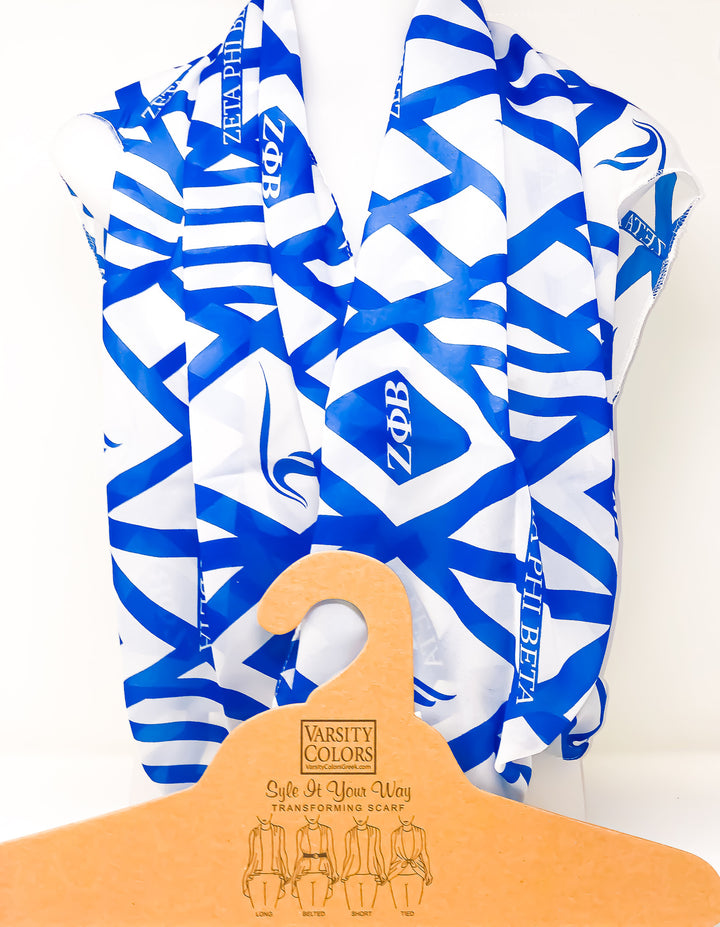 Zeta Scarf in blue and white, perfect for sorority and fraternity paraphernalia and Greek gear styling.