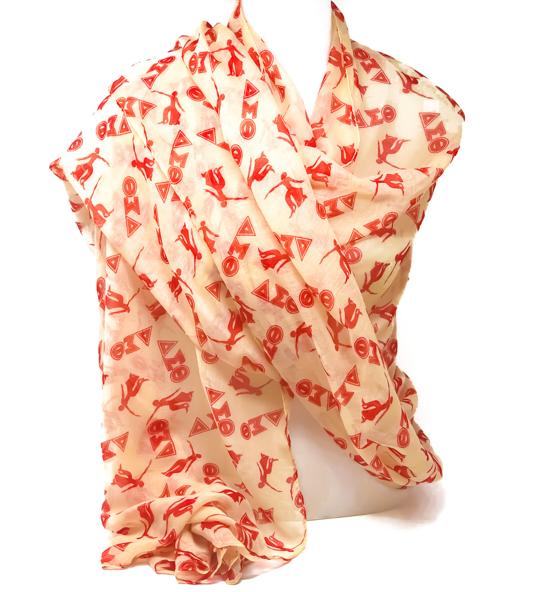 Delta Scarf in cream with red Greek letters, perfect as fashionable sorority and fraternity paraphernalia.