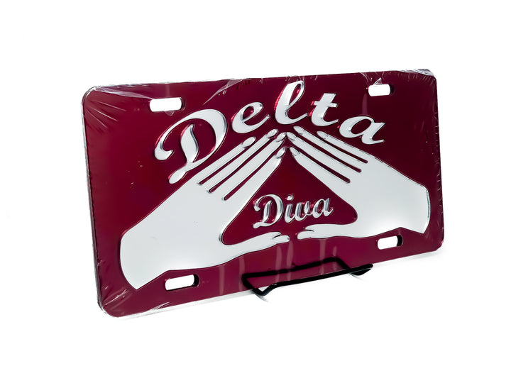 Delta Diva car tag featuring pyramid hands symbol, perfect for showcasing sorority pride and Greek gear on your vehicle.