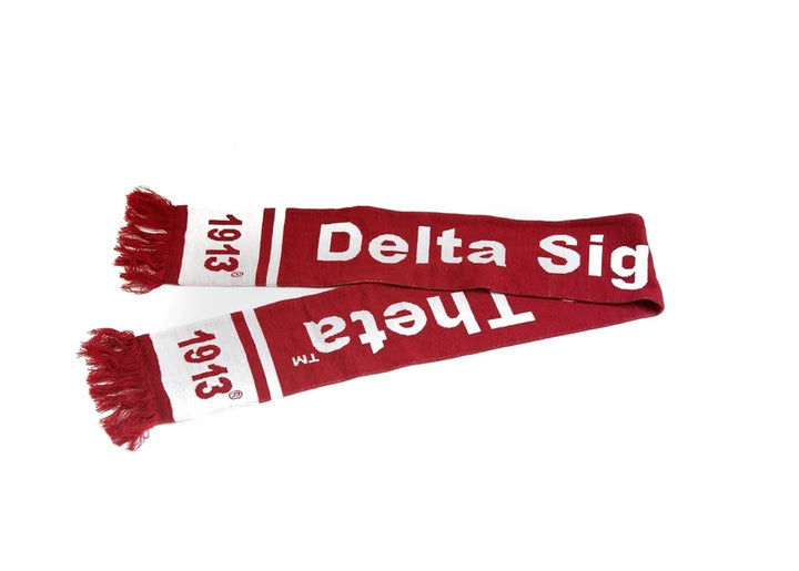 Delta Sigma Theta knit scarf, red and white, perfect sorority paraphernalia for stylish Greek gear in cooler weather.