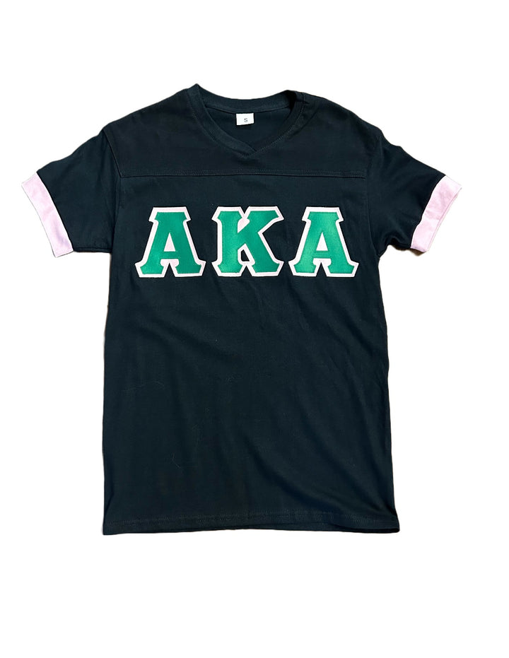 AKA T-Shirt - Classic Greek Letter Embroidered Black Shirt Pink Trim