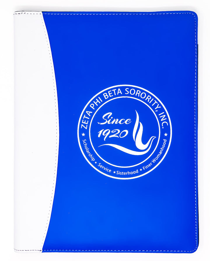 Zeta Padfolio in blue and white, featuring Zeta Phi Beta Sorority logo, perfect for sorority and fraternity paraphernalia.