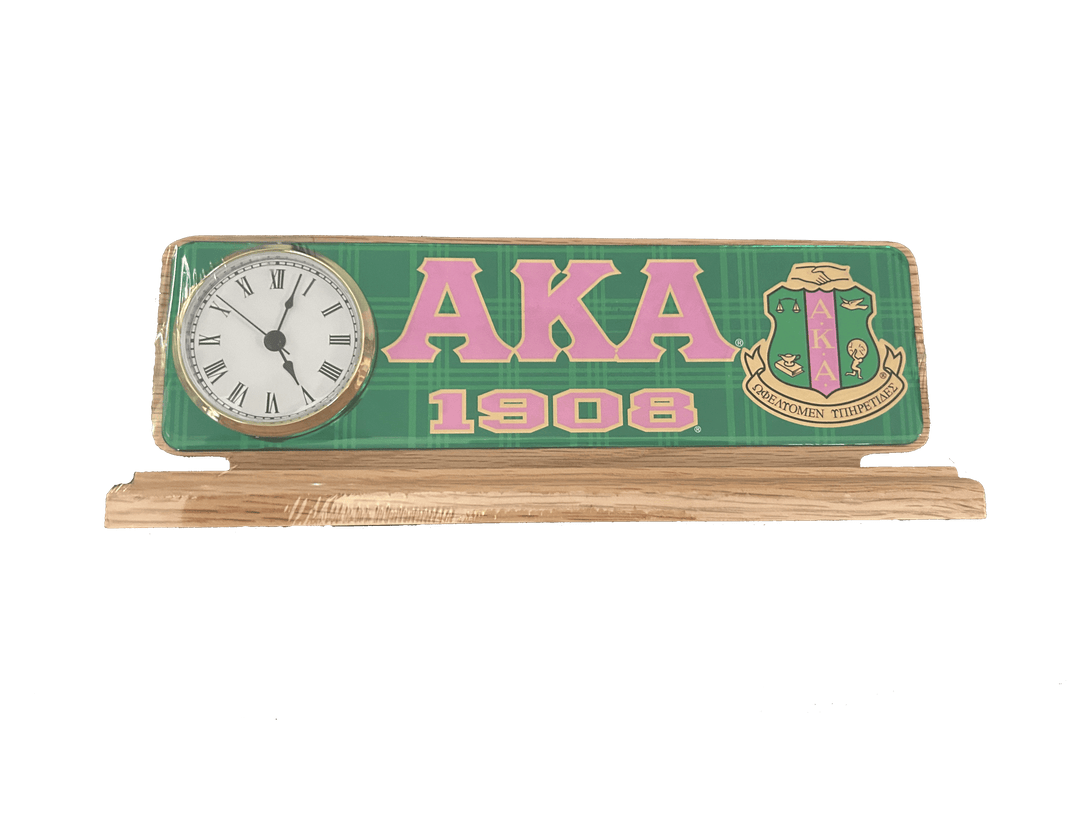 Wooden desktop plaque with acrylic letters, featuring AKA, 1908, and a clock, ideal Greek gear for Sorority and Fraternity paraphernalia.