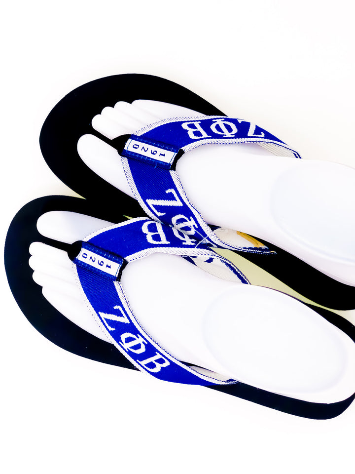 Zeta Shoes blue thong sandals with Greek letters, perfect for sorority and fraternity paraphernalia and Greek gear.