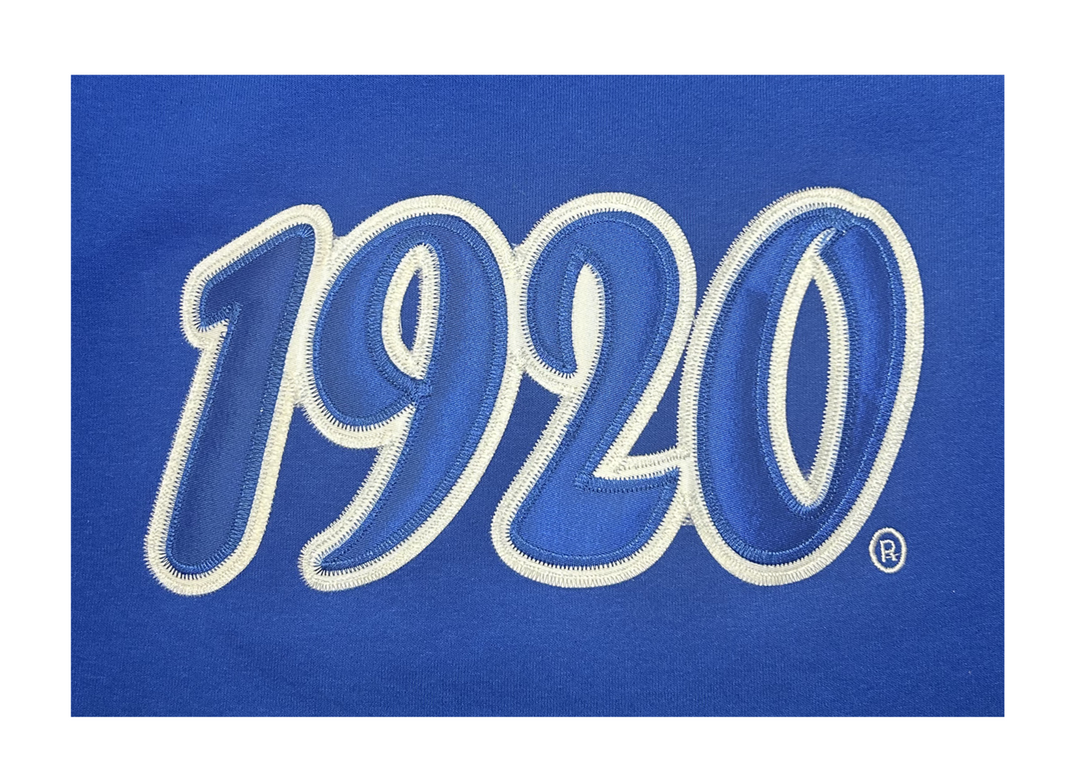 Blue 1920 embroidered design on collegiate sweatshirt, ideal for sorority and fraternity paraphernalia.